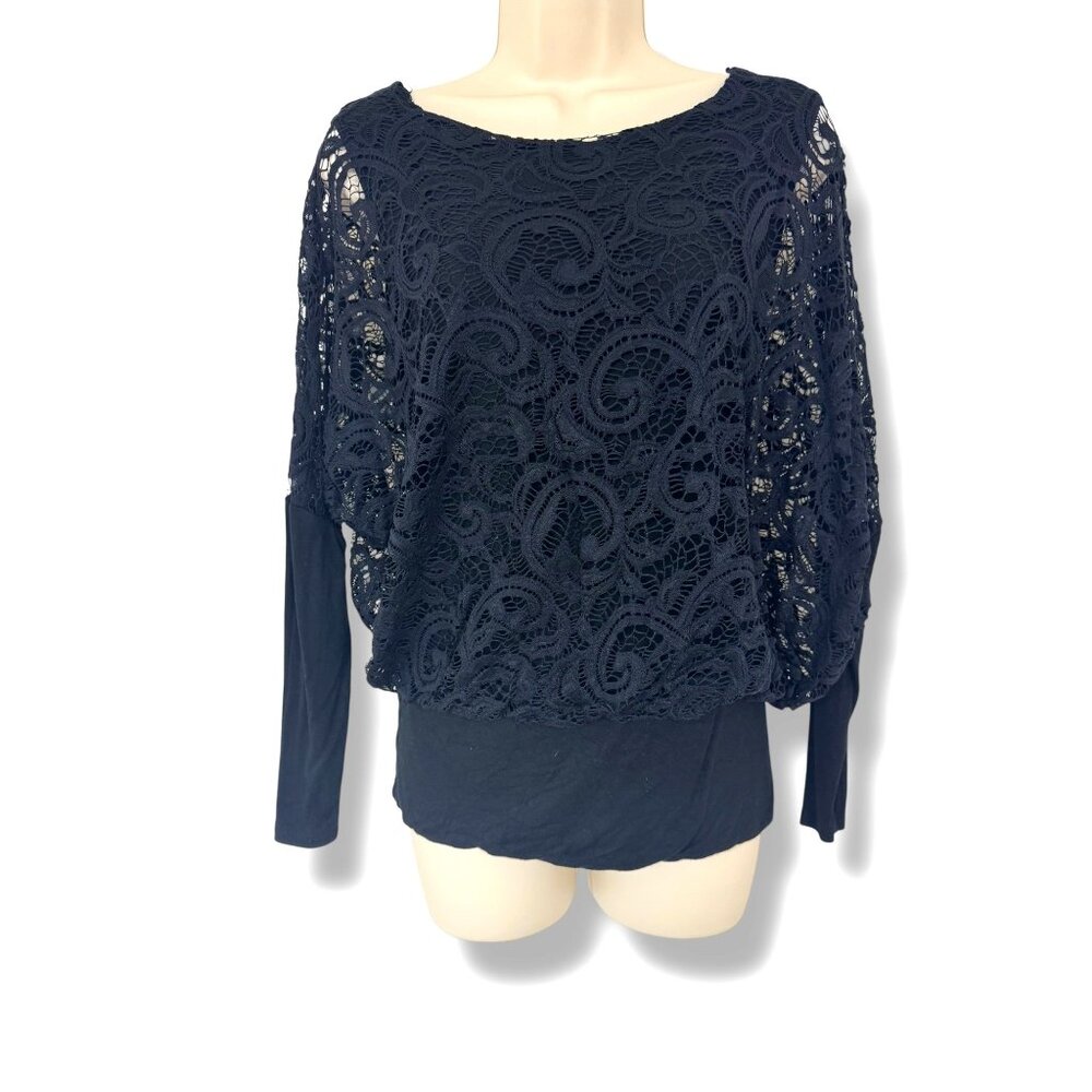 Joseph A Black Lace Overlay Dolman Sleeve Top Blouse Shirt‎ Size Small Evening
